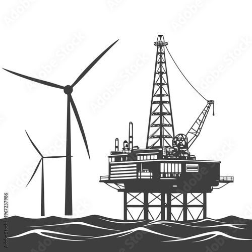 An oil rig and wind turbines standing tall on the waters surface, symbolizing renewable energy and fossil fuel contrast