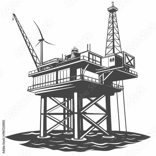 An offshore oil rig platform with a wind turbine on a for energy production and exploration