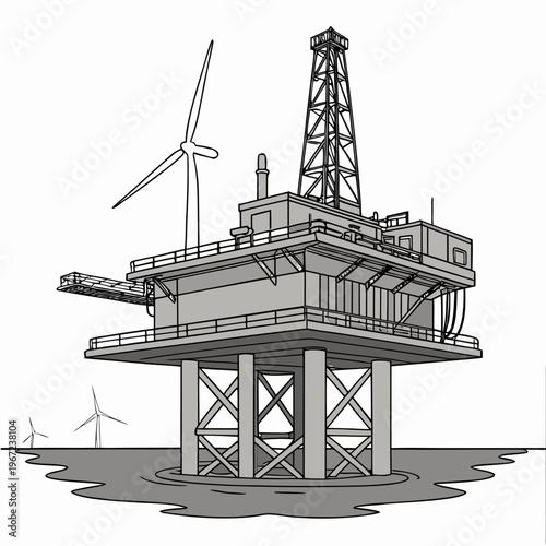 An offshore oil rig platform with wind turbines in the background for renewable energy and fossil fuel contrast