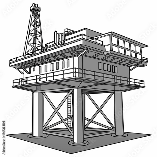 An illustration of an offshore oil rig platform with a derrick and elevated structure on four pillars