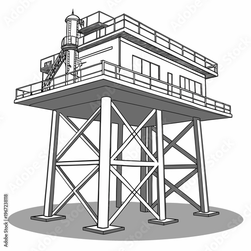 A black and white illustration of an offshore oil rig platform with a building on top and a railing around it