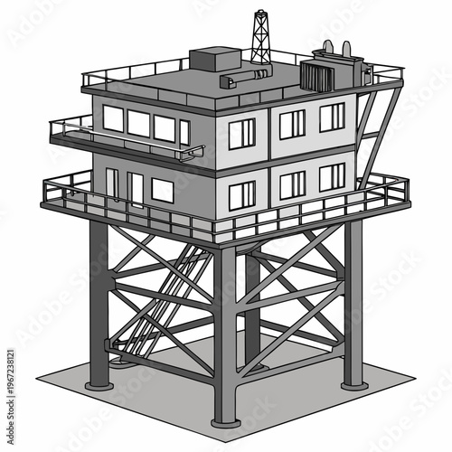 A detailed grayscale 3d rendering of an offshore oil rig platform with a building and metal structure on top