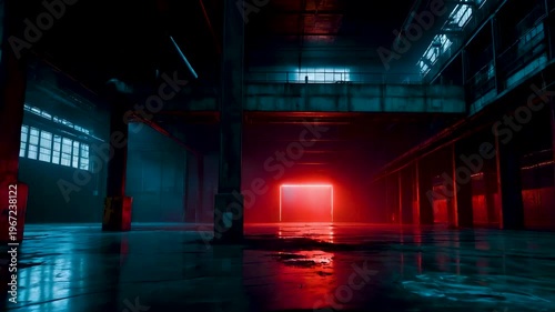 Dark industrial warehouse interior with glowing red light source reflecting on wet floor creating dramatic atmosphere and moody urban scene