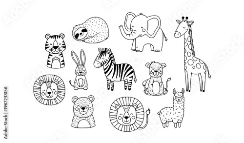 Cute Scandinavian doodle animal circle composition black and white hand drawn vector set for nursery and kids design