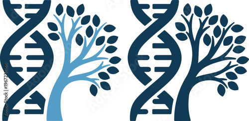 Genetic tree and dna double helix illustration in blue tones