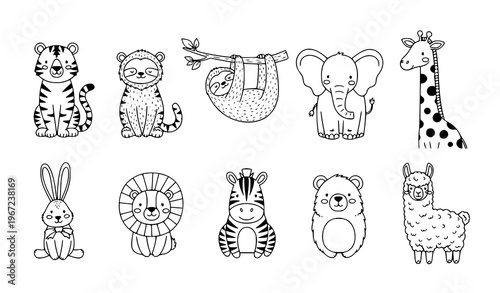 Scandinavian black and white doodle animals set cute hand drawn nursery animal vector collection for kids decor
