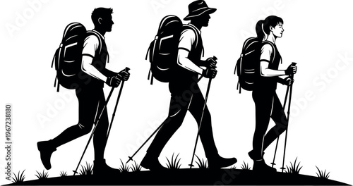 Black silhouettes of three hikers walking with backpacks and trekking poles