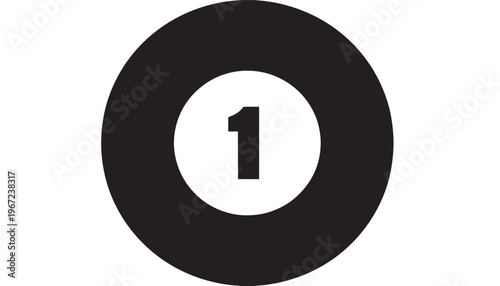 Ball billiard number one with black solid circle and white contrast number one inside on plain white background.
