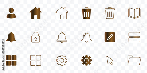 Elegant Metallic Brown UI UX Icon Set. Gradient Vector Symbols for Web and App Design, User Interface, and Navigation.