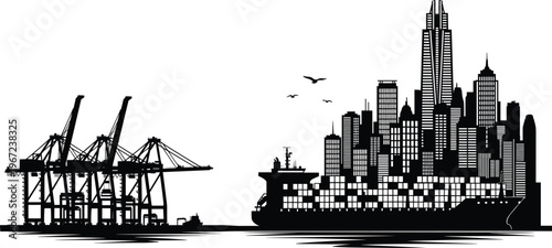 Container cargo ship with city skyline silhouette, industrial harbor port cranes and freight vessel, global shipping logistics transportation vector illustration