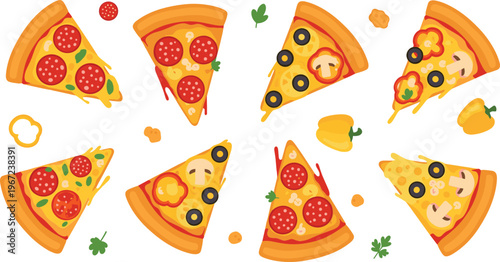 Pizza slices collection with different toppings pepperoni olives mushrooms cheese fast food vector illustration set