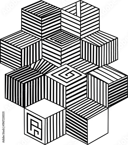 Black and white optical illusion of striped cubes