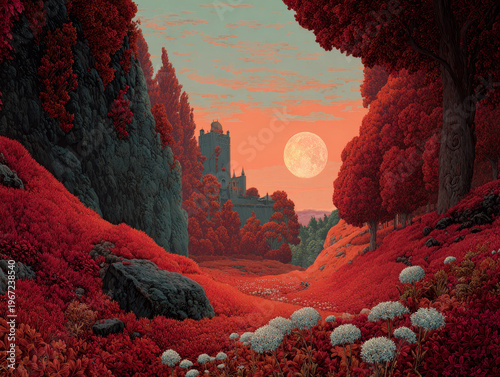 Magical Full Moon Night in a Mystical Red Forest with Enchanting Castle - Fantasy Landscape Art Print with Surreal Imaginative Artistic Expression and Vibrant Autumn Colors