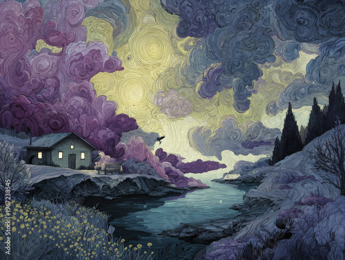 Dramatic Surreal Landscape Illustration with Mystical Purple Hues: A Fantasy Night Scene of a Dreamlike River Cabin under Eerie Moonlit Clouds