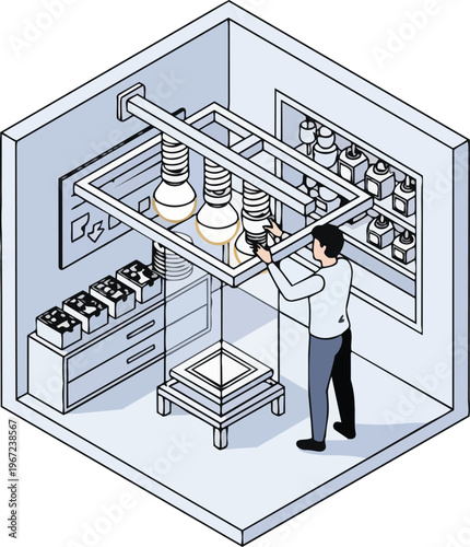 Isometric Illustration of an Engineer Developing Innovative Lighting Technology in a Modern Workshop Laboratory