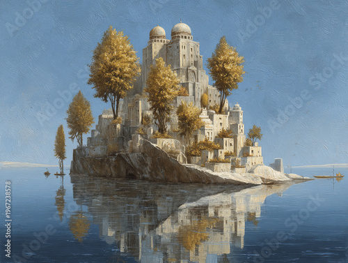 Surreal Fantasy Art Island Castle: Dreamlike Reflection in a Tranquil and Whimsical Setting with Ethereal Medieval Architecture - Inspiring Digital Painting of a Mythical and Calming Scene