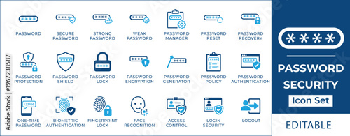Password security icon set featuring user authentication, biometric login, fingerprint lock, face recognition, secure password manager, and data protection symbols.
