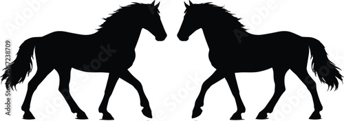 Elegant black horse silhouettes, two majestic equine figures in a dynamic walking pose, powerful animal vector graphics for branding and design projects