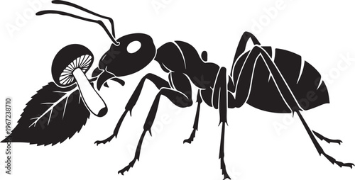 Black silhouette of an ant carrying a leaf insect