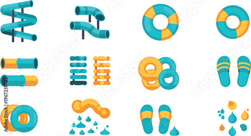 Water park elements collection slides tubes pool floats splashes summer aqua recreation vector illustration set