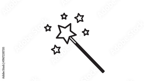 Magic wand with star bursts icon with simple outline and clean design on a white background, symbolizing fantasy and enchantment.