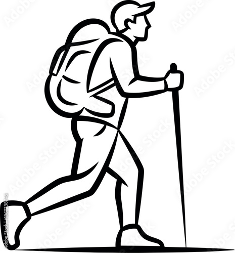 Man hiking with backpack and trekking poles in motion