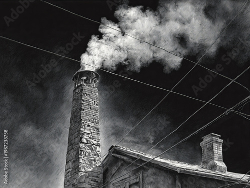 Vintage Black and White Monochrome Industrial Chimney with Smokestack Emissions and Rustic Architecture in Atmospheric Winter Scene