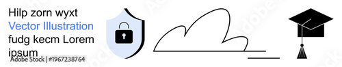 Cybersecurity, education, virtual learning, cloud storage, online protection, digital security. ion includes a shield with a lock, cloud and graduation cap. Cybersecurity and education illustrated