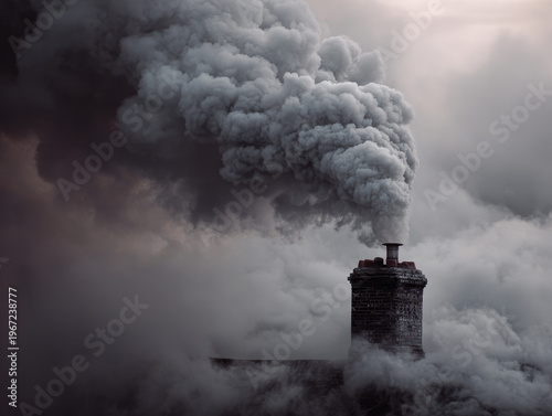 Thick Smoke and Pollutants Emitting from Industrial Chimney: A Vivid Display of Air Pollution and Environmental Impact on Urban and Rural Landscapes Amidst Global Warming Concerns