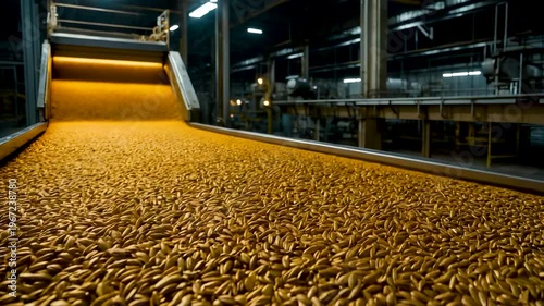 Grains flowing along conveyor inside industrial processing facility with warm lighting and large volume of harvest moving through production system