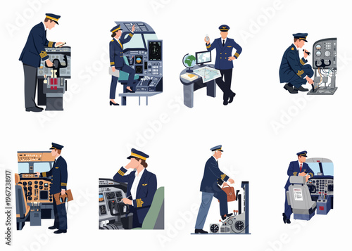 Set of male and female airline pilot characters in uniform working in the cockpit and planning flights, isolated flat vector illustrations.