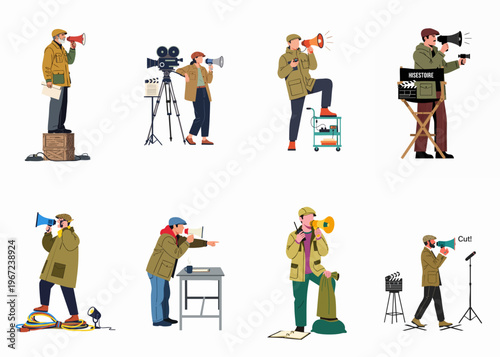 Collection of eight diverse film director illustrations using megaphones on movie sets