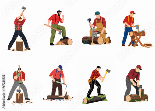 Set of lumberjack illustrations showing various woodcutting activities like chopping, sawing, and splitting logs with axes and saws on a white background.