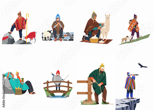 Set of flat vector illustrations featuring Andean people in traditional clothing performing various tasks like herding, shearing alpacas, and playing musical instruments.