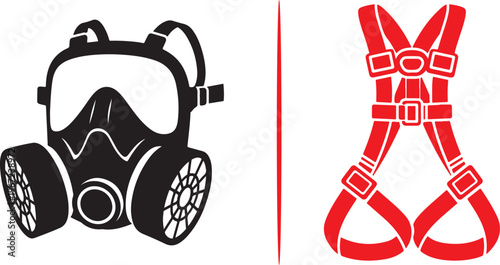 Industrial safety vector set featuring a black full-face respirator mask and a red full-body fall protection harness. Ideal for themes of hazardous work, high-altitude safety, and OSHA compliance.