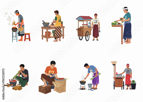 Traditional Balinese Street Food Vendors and Cooks Preparing Satay on Charcoal Grills, Flat Vector Illustration Isolated on White Background.