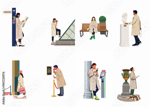 Set of diverse museum visitors in trench coats exploring art galleries, viewing sculptures, taking photos, and navigating with maps in a cultural setting.