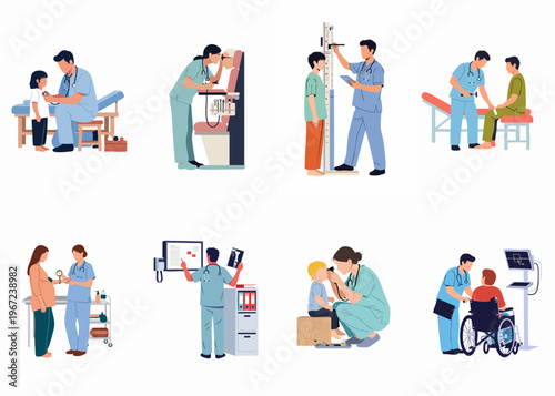 Comprehensive Collection of Flat Vector Illustrations Featuring Medical Professionals Conducting Various Patient Health Examinations and Consultations