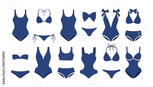Swimwear vector illustration set of various blue swimsuits and bikinis