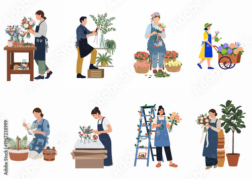 A collection of flat illustrations featuring diverse florists arranging bouquets, pruning plants, and caring for flowers in a professional floral shop setting.