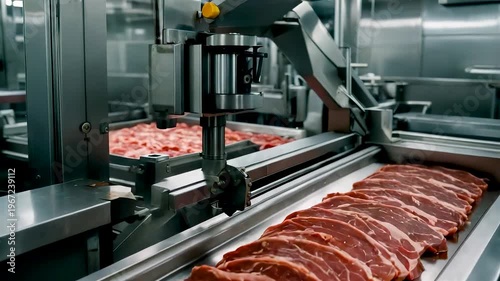Automated meat slicing machine processing raw cuts on conveyor in modern food factory with stainless equipment and hygienic industrial setting