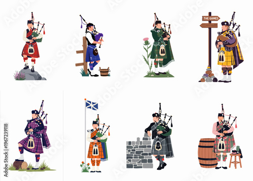 Vector Illustration Set of Men in Traditional Scottish Highland Dress Playing Bagpipes at Various Landmarks and Outdoor Settings