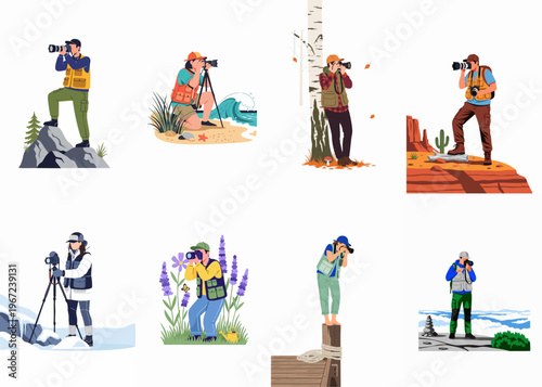 A collection of diverse photographers capturing stunning landscapes across various environments, from snowy peaks and sandy beaches to desert canyons and lavender fields.