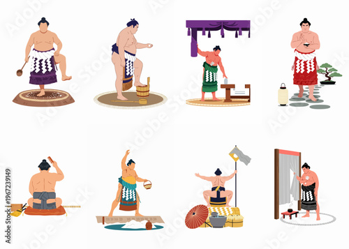Flat illustration set depicting traditional Japanese sumo wrestlers performing various rituals, ceremonies, and daily activities in their decorative kesho-mawashi aprons.