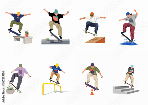 Set of eight diverse skateboarders performing tricks over various urban obstacles like ramps, rails, and stairs in a clean flat illustration style.