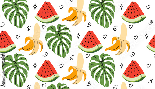 A vibrant fruit pattern featuring watermelon and bananas with tropical leaves