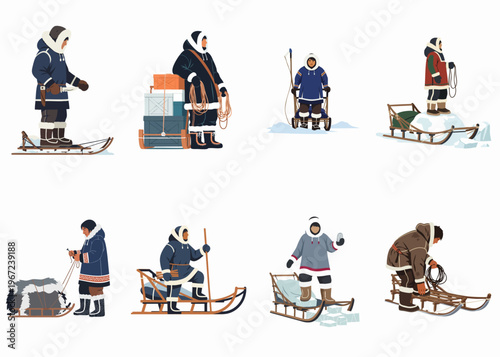 Collection of Arctic Inuit Characters in Traditional Winter Clothing with Sleds and Survival Gear Illustrations Isolated on White Background