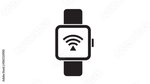 Smartwatch icon with Wi-Fi signal symbol and connected signal waves, black graphic on white background, representing wireless technology on a