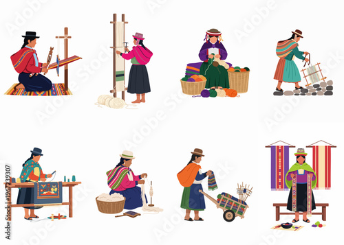 Set of vector illustrations featuring indigenous Andean women in traditional dress performing textile crafts like weaving, spinning, and knitting handmade wool products.