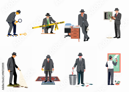 Set of professional detectives investigating crime scenes, collecting evidence, and analyzing clues using various tools in a clean, flat illustration style.